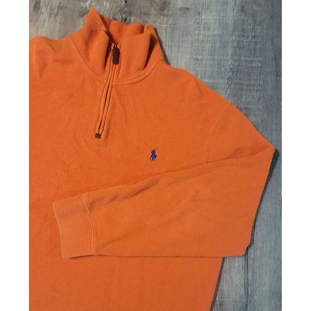 Polo Ralph Lauren Mens XL Orange Cotton Quarter Zip Pullover Sweater Blue Pony